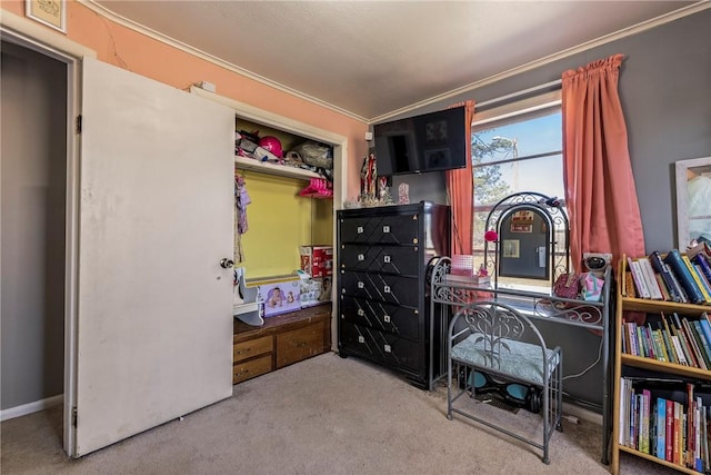 bedroom featuring crown molding and carpet flooring