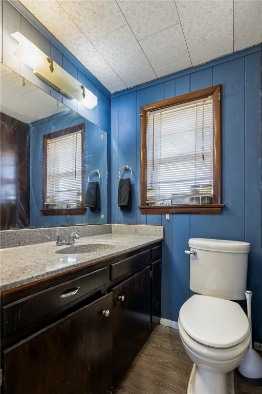 bathroom with toilet, wood finished floors, vanity, and a decorative wall