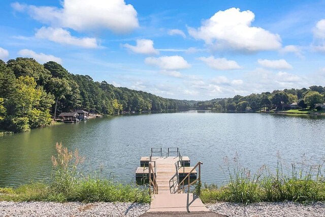 dock area with a wooded view and a water view