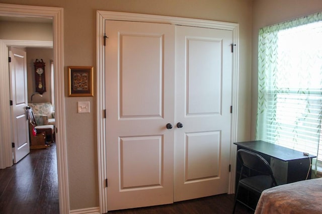 bedroom featuring a closet, multiple windows, and dark wood-style floors