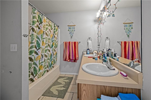 full bath featuring tile patterned flooring, double vanity, shower / bathtub combination with curtain, and a sink