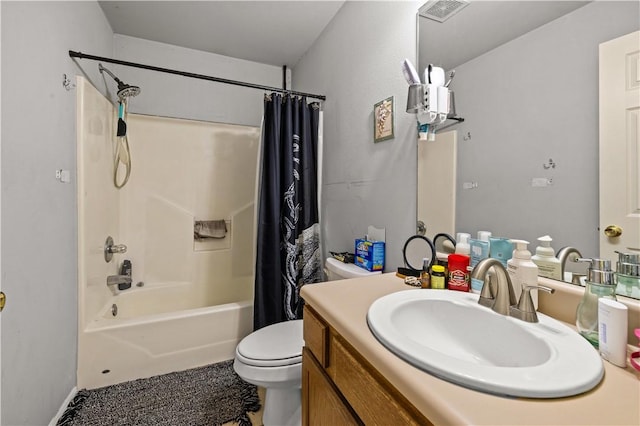 bathroom featuring visible vents, toilet, vanity, and shower / bathtub combination with curtain