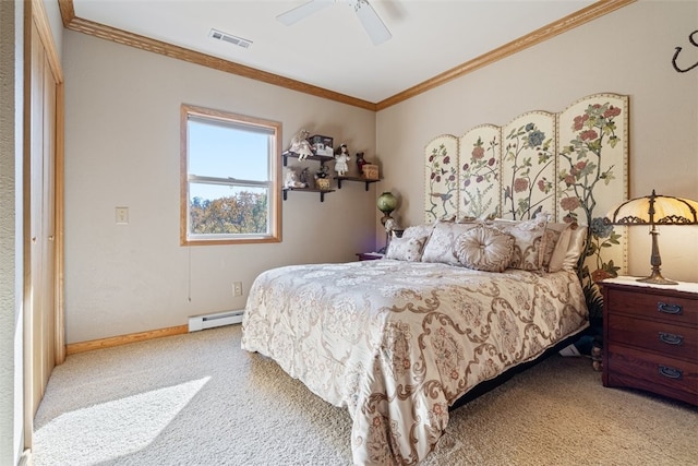 bedroom featuring visible vents, baseboard heating, carpet flooring, and crown molding