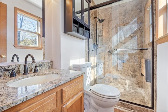 full bath featuring vanity, toilet, and a shower stall