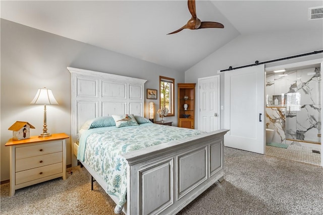 bedroom with a ceiling fan, visible vents, lofted ceiling, a barn door, and light colored carpet