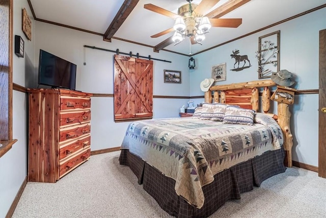 carpeted bedroom with crown molding and baseboards