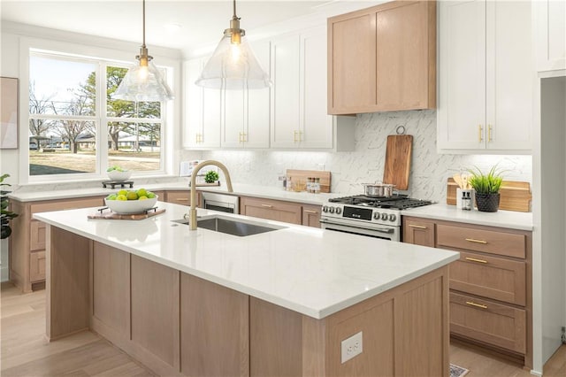 kitchen with light wood-style flooring, an island with sink, a sink, stainless steel gas range oven, and tasteful backsplash