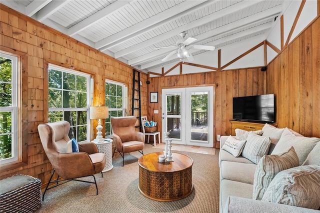 21574 Indian Creek Dr, Garfield, AR 72732 - sunroom / solarium with a healthy amount of sunlight, french doors, vaulted ceiling with beams, and ceiling fan