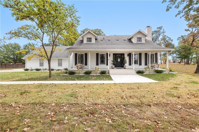 new england style home featuring a front yard, a porch, fence, and a chimney