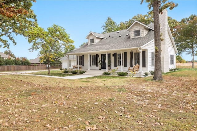 exterior space with a porch, a chimney, a front yard, and fence