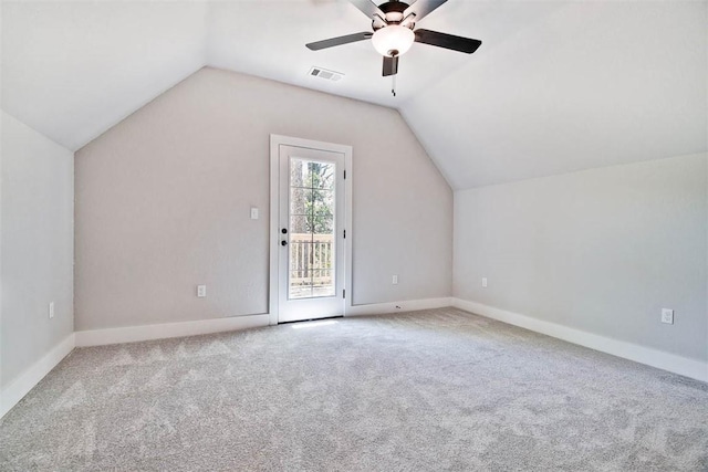 bonus room featuring carpet flooring, a ceiling fan, visible vents, and lofted ceiling