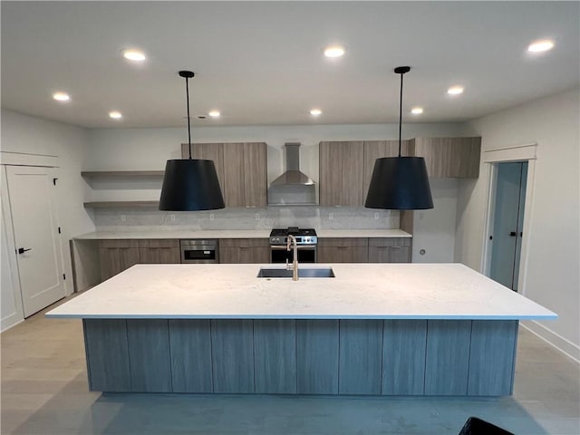 123 S Paddock Loop, Fayetteville, AR 72701 - kitchen featuring wall chimney exhaust hood, open shelves, a sink, modern cabinets, and tasteful backsplash