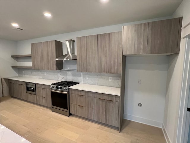 123 S Paddock Loop, Fayetteville, AR 72701 - kitchen with wall chimney exhaust hood, open shelves, stainless steel appliances, modern cabinets, and decorative backsplash