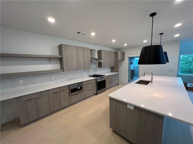 123 S Paddock Loop, Fayetteville, AR 72701 - kitchen with a sink, stainless steel gas range oven, open shelves, modern cabinets, and wall chimney range hood