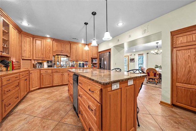 2428 Winn Mountain Loop, Mountainburg, AR 72946 - kitchen with recessed lighting, a kitchen island, light tile patterned floors, and stainless steel fridge with ice dispenser