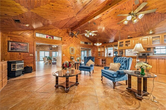 2428 Winn Mountain Loop, Mountainburg, AR 72946 - living area with wood ceiling, a wood stove, wood walls, and ceiling fan