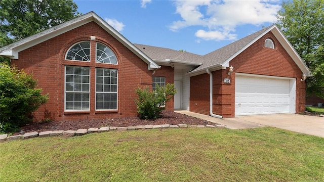 108 Birch St, Centerton, AR 72719 - view of front of home featuring brick siding, an attached garage, concrete driveway, a front yard, and a shingled roof