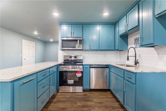 kitchen featuring stainless steel appliances, a sink, a peninsula, blue cabinets, and dark wood-type flooring