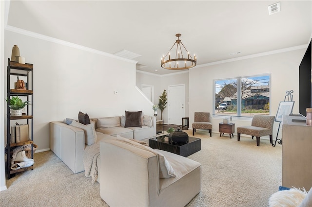 living room with a notable chandelier, visible vents, ornamental molding, and light carpet