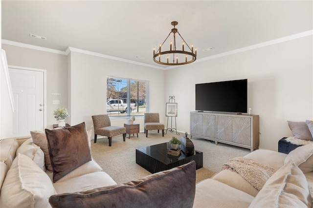 living room featuring visible vents, carpet floors, a notable chandelier, and crown molding