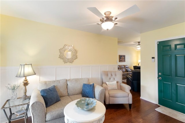16101 Hickory Dr, Rogers, AR 72756 - living area with a wainscoted wall, a ceiling fan, and wood finished floors