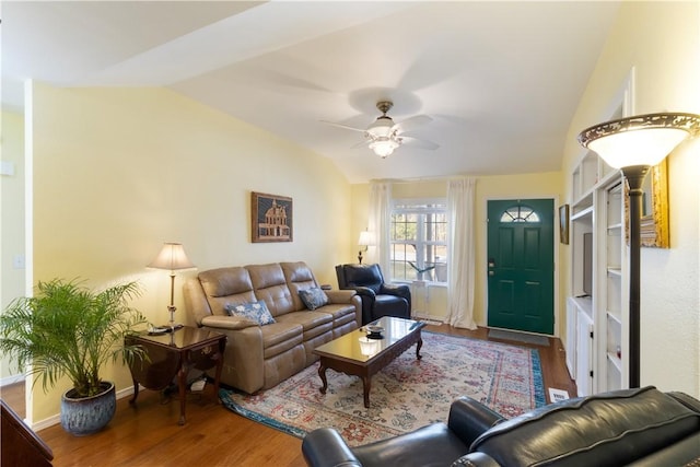 16101 Hickory Dr, Rogers, AR 72756 - living room with baseboards, wood finished floors, a ceiling fan, and vaulted ceiling