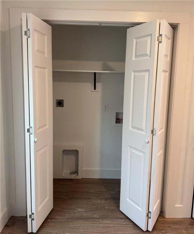 311 Douglas St, Berryville, AR 72616 - washroom with baseboards, laundry area, hookup for a washing machine, wood finished floors, and hookup for an electric dryer
