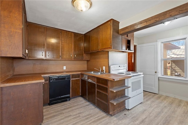 300 Range St, Marshall, AR 72650 - kitchen featuring white range with electric stovetop, open shelves, a sink, light wood-style floors, and black dishwasher