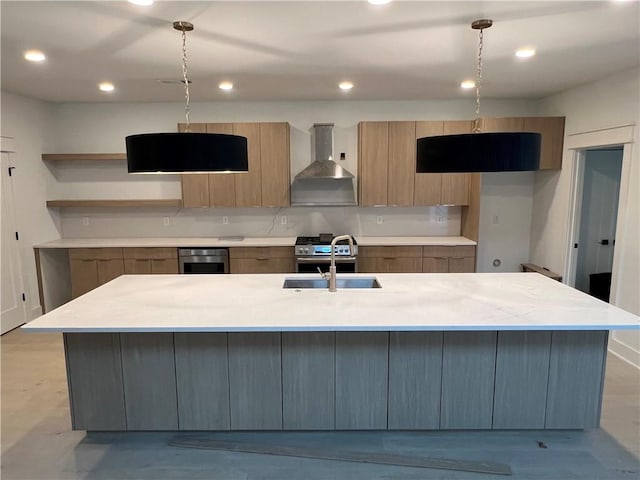 111 S Paddock Loop, Fayetteville, AR 72701 - kitchen with wall chimney exhaust hood, a sink, stainless steel oven, a center island with sink, and light countertops