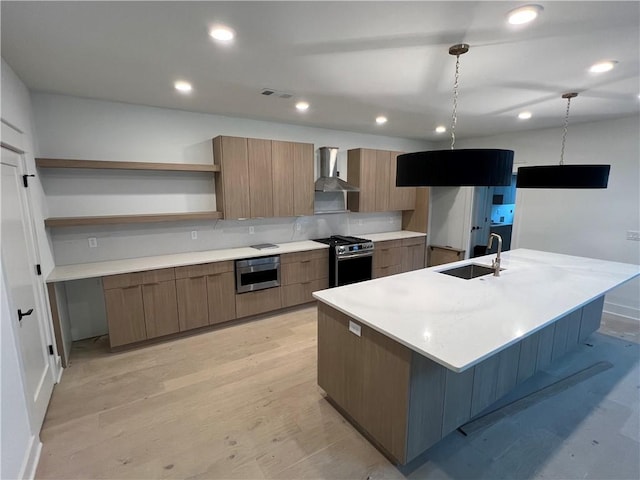 111 S Paddock Loop, Fayetteville, AR 72701 - kitchen with stainless steel gas range, open shelves, modern cabinets, wall chimney exhaust hood, and a sink