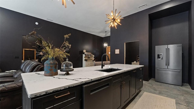 122 SW Gailey Hollow Rd, Siloam Springs, AR 72761 - kitchen with stainless steel fridge, dishwashing machine, a sink, open floor plan, and light stone counters