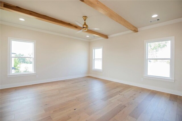 5914 SW Bloomsbury Rd, Bentonville, AR 72713 - empty room featuring beamed ceiling, light wood-style flooring, a ceiling fan, baseboards, and crown molding