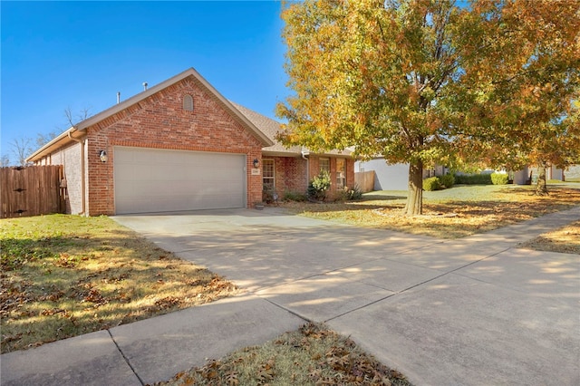ranch-style home with concrete driveway, brick siding, fence, and a garage