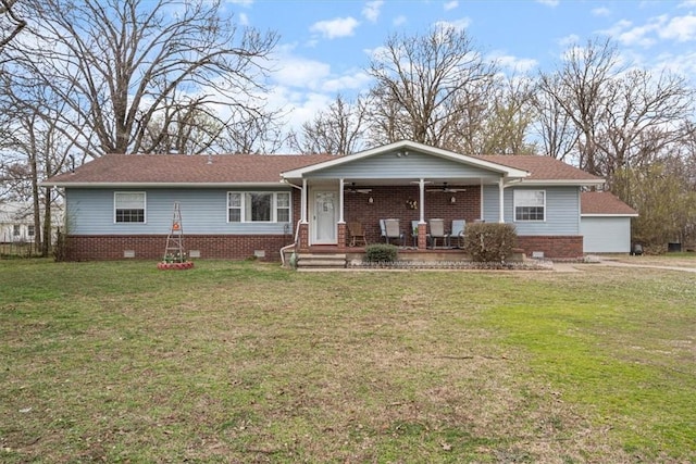 14745 Russell Rd, Siloam Springs, AR 72761 - rear view of property featuring a yard, ceiling fan, a shingled roof, and crawl space