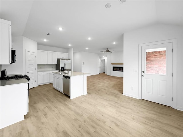 575 W Canada Dr, Farmington, AR 72730 - kitchen with a glass covered fireplace, open floor plan, a sink, light wood finished floors, and stainless steel appliances