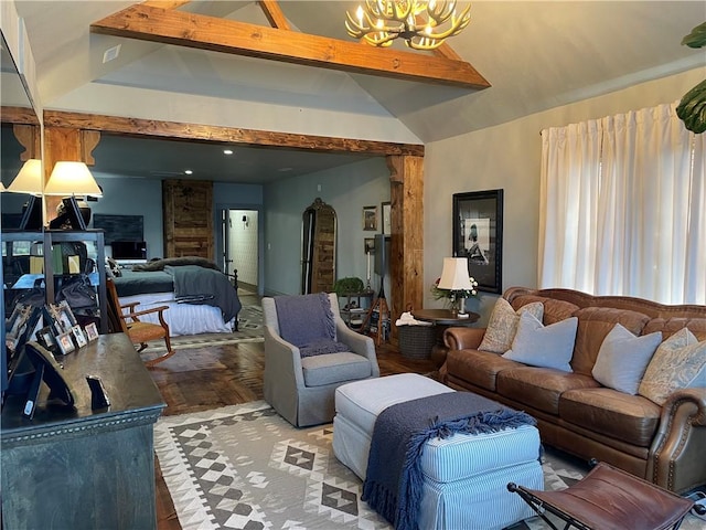 living area featuring beam ceiling, high vaulted ceiling, arched walkways, and a notable chandelier