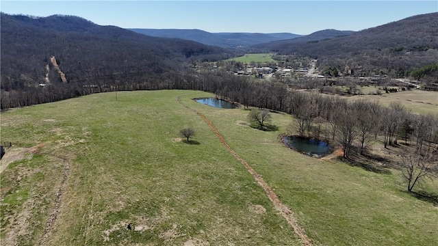 drone / aerial view featuring a water and mountain view