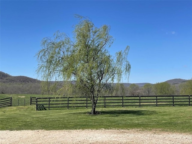 view of yard featuring a rural view, a mountain view, and fence