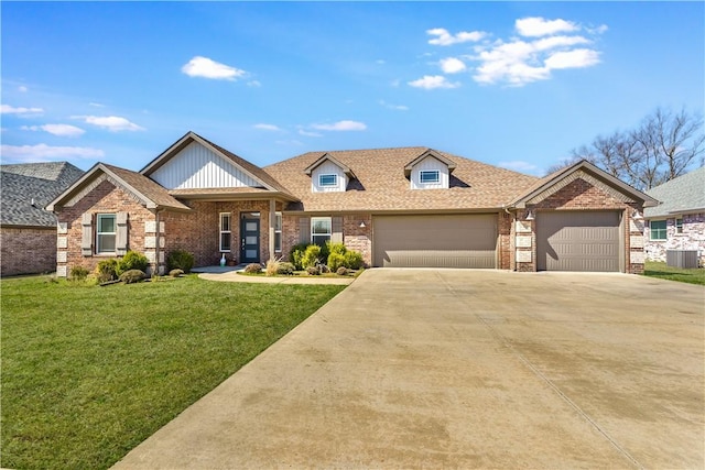 2208 N Carl St, Siloam Springs, AR 72761 - view of front of home featuring brick siding, cooling unit, driveway, a front lawn, and an attached garage