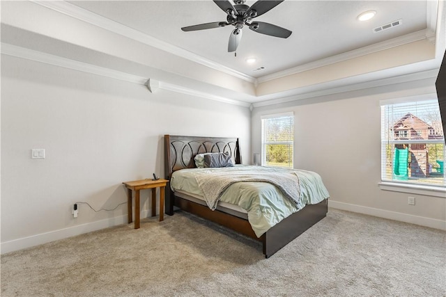2208 N Carl St, Siloam Springs, AR 72761 - carpeted bedroom featuring crown molding, a raised ceiling, visible vents, baseboards, and a ceiling fan