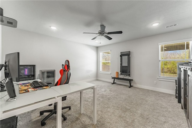 2208 N Carl St, Siloam Springs, AR 72761 - office space with recessed lighting, light carpet, ceiling fan, baseboards, and visible vents