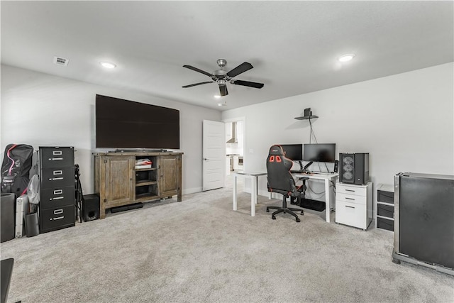 2208 N Carl St, Siloam Springs, AR 72761 - office space with recessed lighting, a ceiling fan, visible vents, light carpet, and baseboards