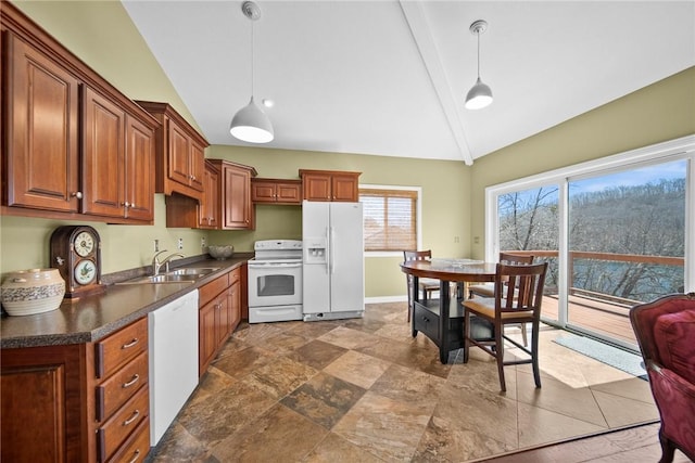 21621 Vista Shores Dr, Garfield, AR 72732 - kitchen featuring white appliances, vaulted ceiling with beams, dark countertops, and a sink