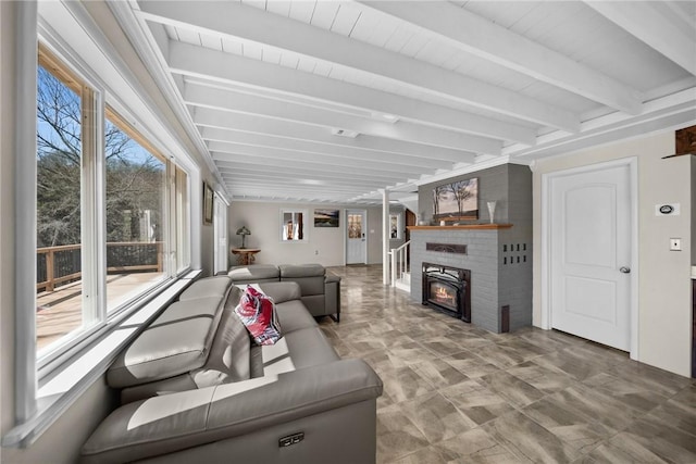 21621 Vista Shores Dr, Garfield, AR 72732 - living room with beam ceiling and a fireplace