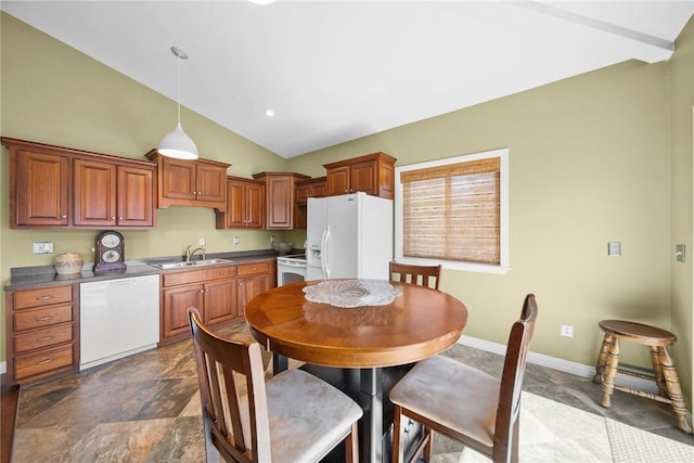 21621 Vista Shores Dr, Garfield, AR 72732 - kitchen featuring a sink, decorative light fixtures, white appliances, baseboards, and vaulted ceiling
