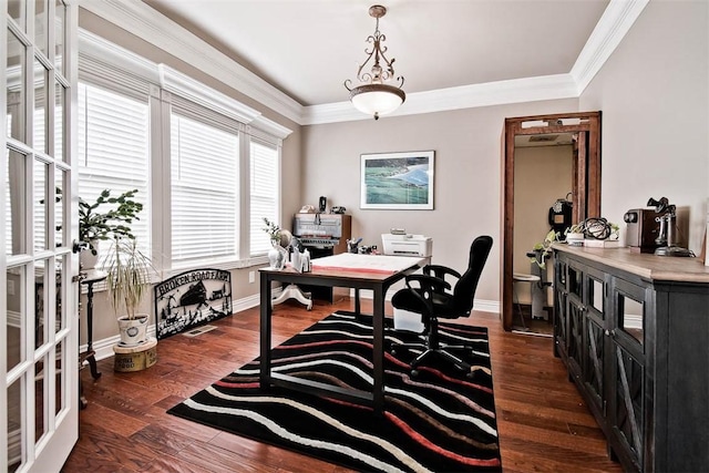 office area featuring dark wood-type flooring, baseboards, and crown molding