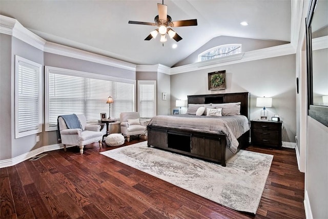 bedroom with dark wood finished floors, baseboards, and lofted ceiling