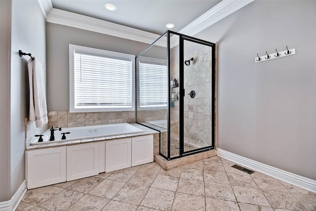 bathroom featuring a shower stall, crown molding, baseboards, and visible vents