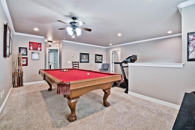 rec room with baseboards, carpet floors, pool table, and a ceiling fan