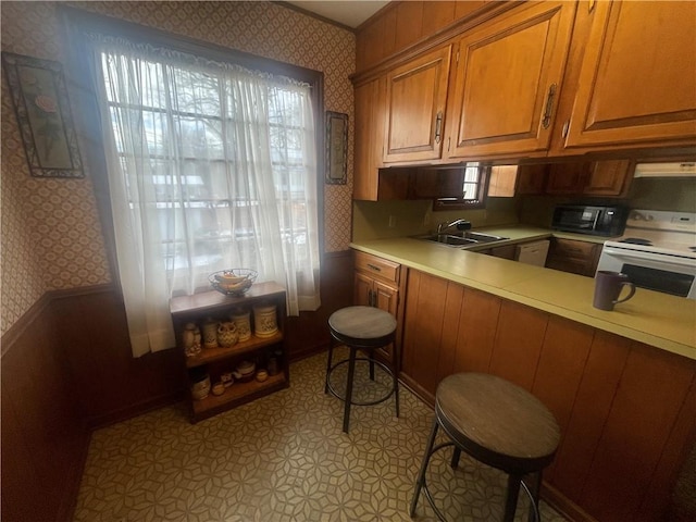 803 W Main St, Clarksville, AR 72830 - kitchen featuring wallpapered walls, white range with electric cooktop, a sink, light countertops, and brown cabinetry